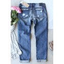 Sky Blue Floral Patchwork Mid Waist Distressed Jeans